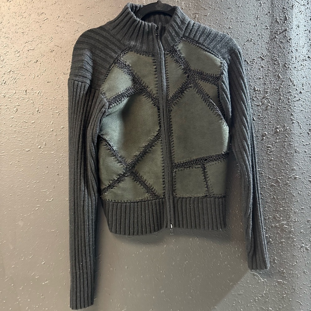 Great American Sweater Co Grunge Chick Zip Up Sweater Patchwork Leather Size L